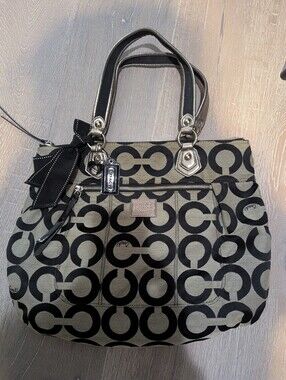 Y2K Coach Black & Gray Signature 'C' Tote with Ribbon Charm